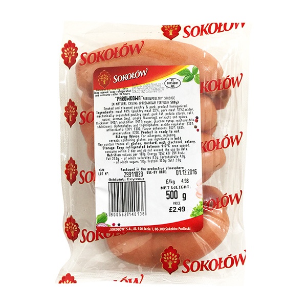 Sokolow Parowkowa Pork Sausage in natural Casing (20) 1x500g