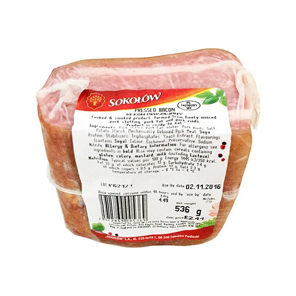 Sokolow Pressed Bacon (15kg/Box) Sold by kg
